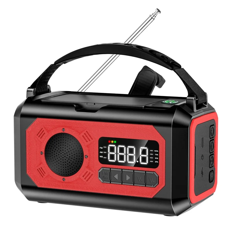 H17 Outdoor Hand Crank Power Generation Radio 12000mAh Power Bank Emergency Battery Pack with Flashlight Support Solar Charging - Red