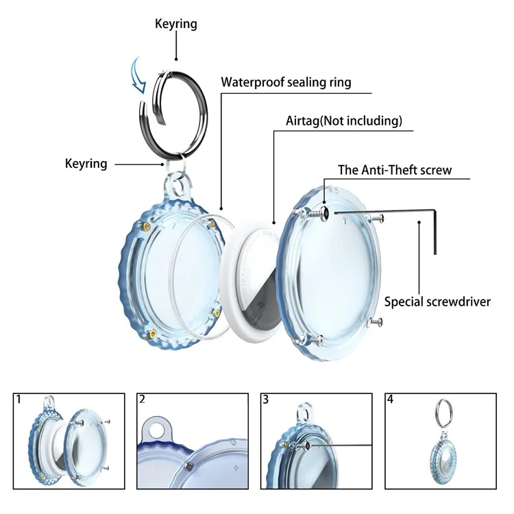 IP68 Wasserdichte Schutzhülle Für Airtag-tracker Clear PC Vollschutz Abdeckung Mit Anti-lost-schlüsselring - Transparent Schwarz
