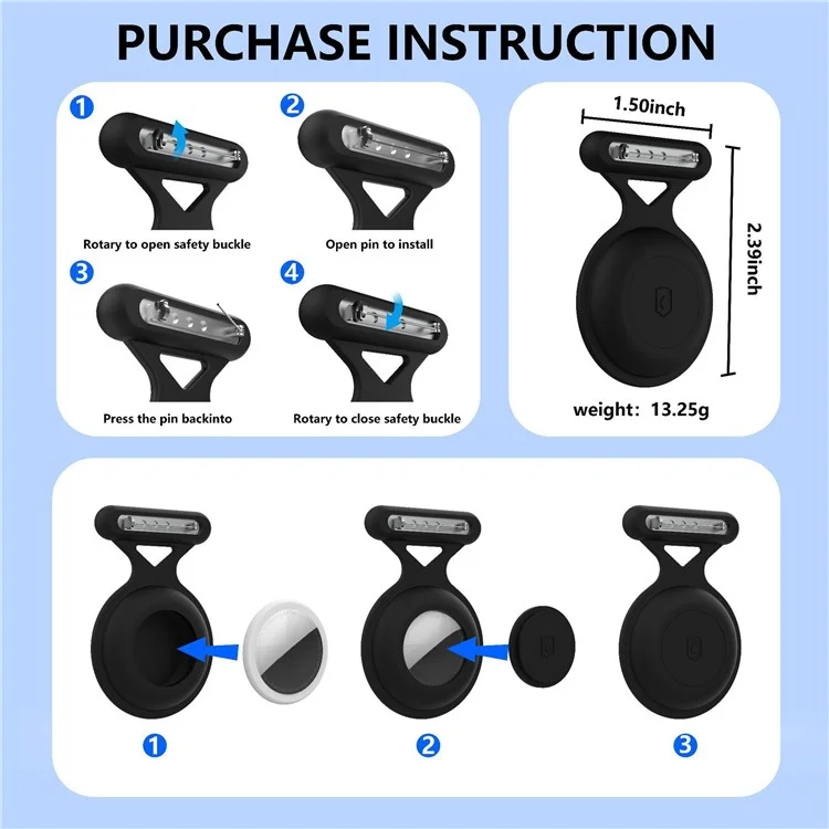 Protective Case for AirTag Silicone Waterproof GPS Tracker Cover with Brooch Pin - Black