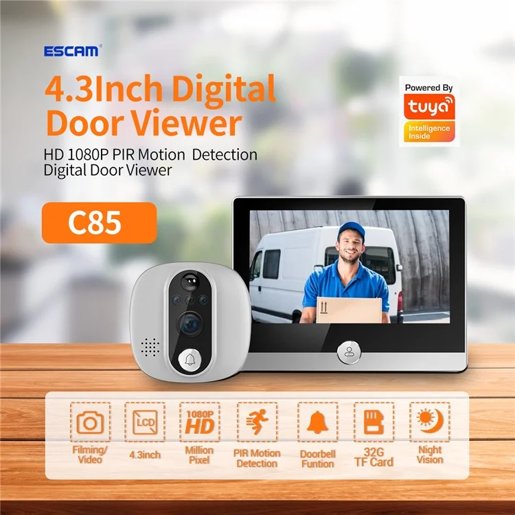 Cámara timbre C85 1080P Detección de movimiento PIR Mirilla de puerta digital Visor de puerta Llamada bidireccional 