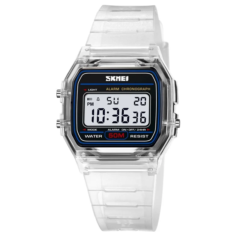 SKMEI 2056 Fashion Square Wrist Watch TPU Strap EL Backlight Electronic Watch - Transparent White / White Strap