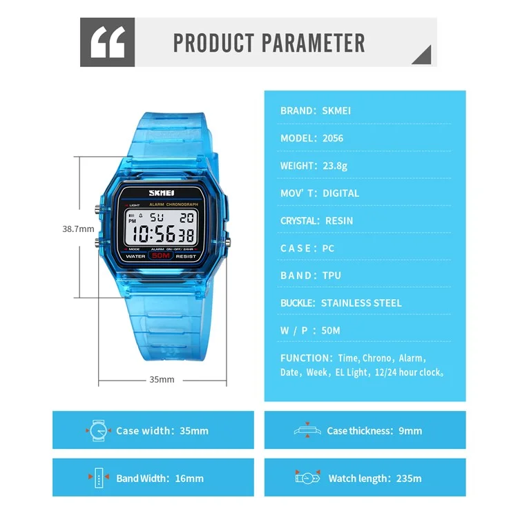 SKMEI 2056 Fashion Square Wrist Watch TPU Strap EL Backlight Electronic Watch - Transparent White / White Strap