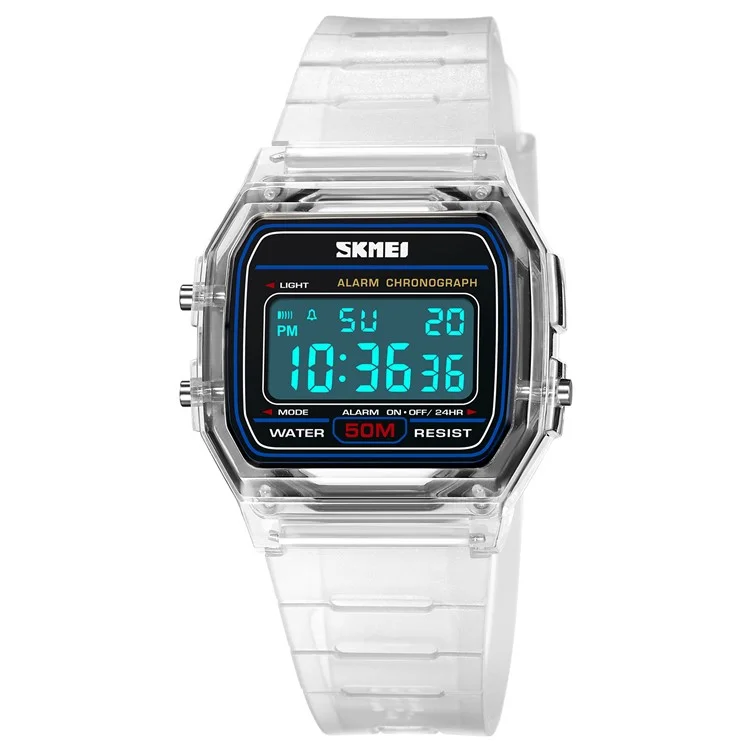 SKMEI 2056 Fashion Square Wrist Watch TPU Strap EL Backlight Electronic Watch - Transparent White / White Strap