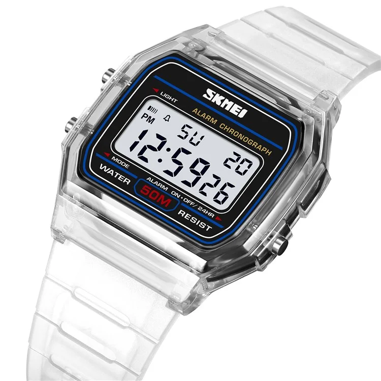 SKMEI 2056 Fashion Square Wrist Watch TPU Strap EL Backlight Electronic Watch - Transparent White / White Strap