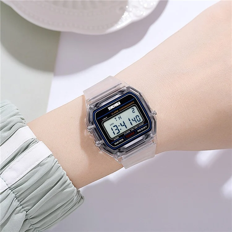 SKMEI 2056 Fashion Square Wrist Watch TPU Strap EL Backlight Electronic Watch - Transparent White / White Strap