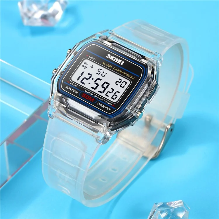 SKMEI 2056 Fashion Square Wrist Watch TPU Strap EL Backlight Electronic Watch - Transparent White / White Strap