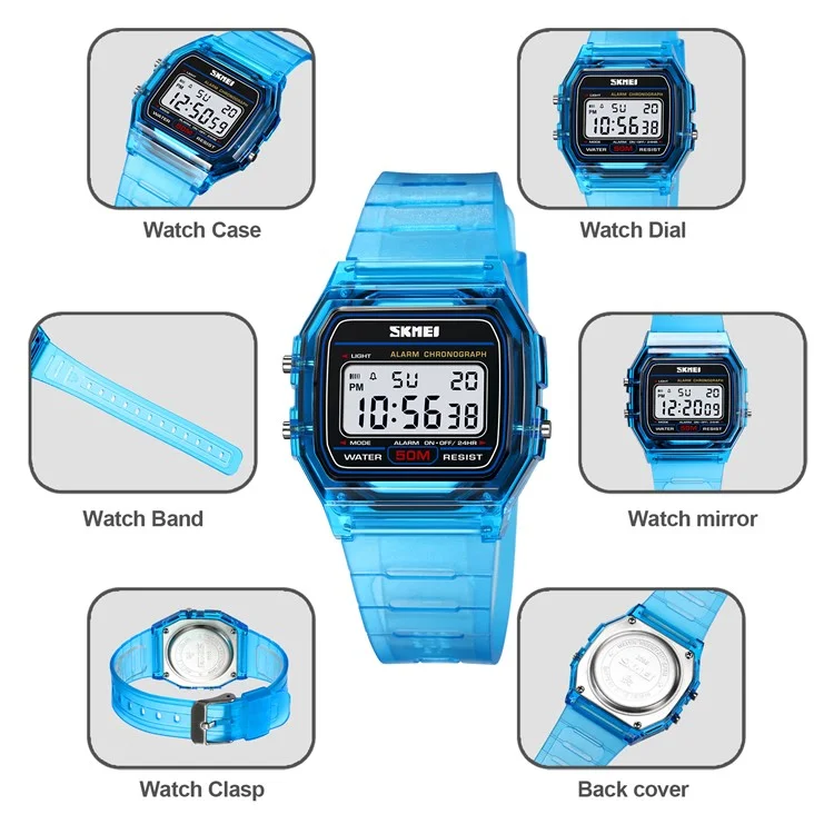SKMEI 2056 Fashion Square Wrist Watch TPU Strap EL Backlight Electronic Watch - Transparent White / White Strap