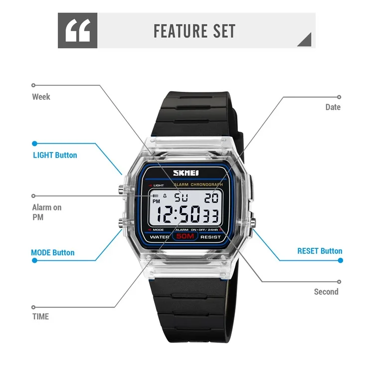 SKMEI 2056 Fashion Square Wrist Watch TPU Strap EL Backlight Electronic Watch - Transparent White / White Strap