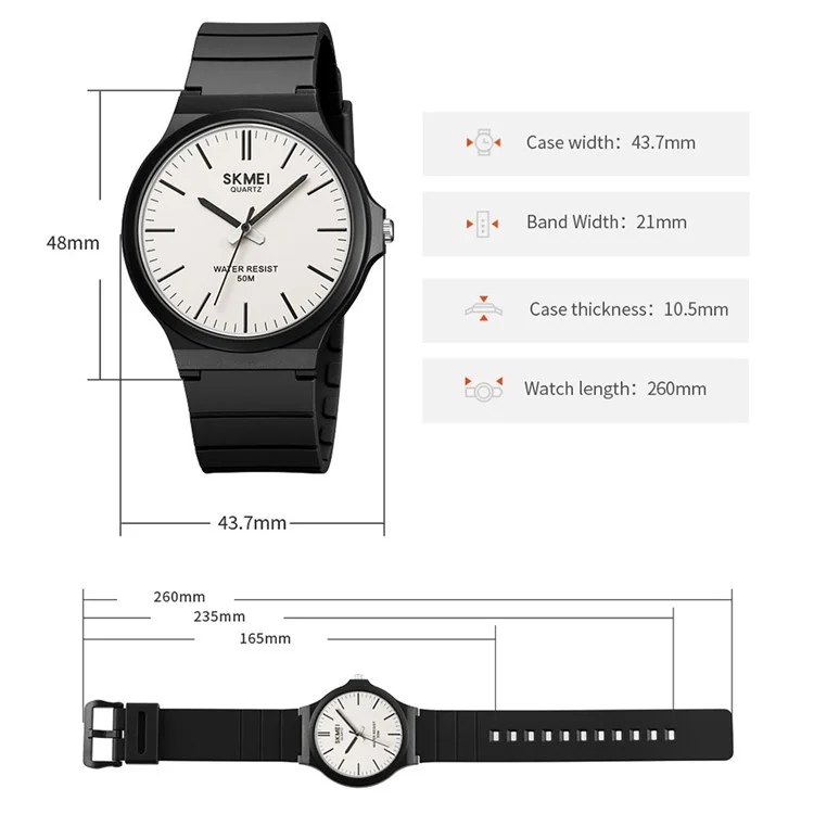 SKMEI 2108 Minimalistische Quarzuhr mit 50m Wasserschutz, Modeuhr - Schwarz / Weiß / Schwarz