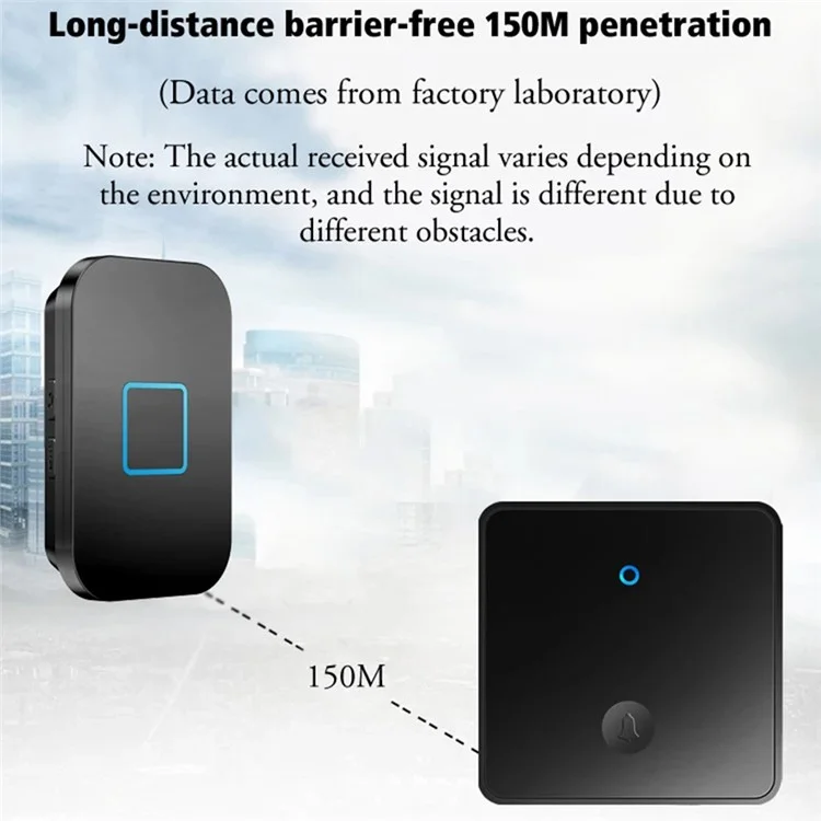 CACAZI FA88 Type 86 Big Panel Button Wireless Doorbell Adjustable Volume Home Door Bell Kit avec 1 Transmetteur+2 Récepteurs - Noir / Prise UK