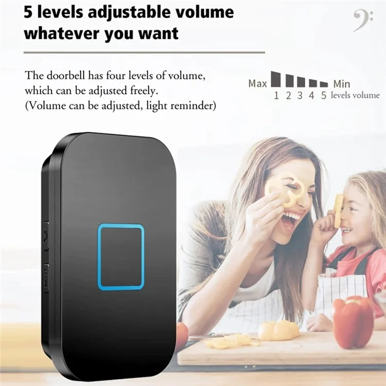 CACAZI FA88 Type 86 Big Panel Button Wireless Doorbell Adjustable Volume Home Door Bell Kit avec 1 Transmetteur+2 Récepteurs - Noir / Prise UK