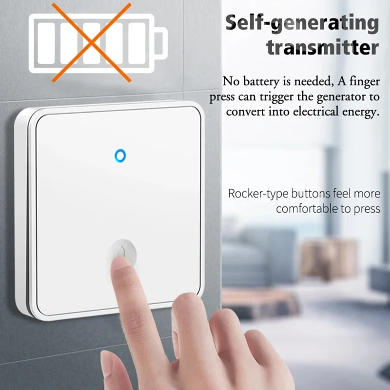 CACAZI FA88 Type 86 Big Panel Button Wireless Doorbell Adjustable Volume Door Bell Kit with 2 Transmitters+1 Receiver - White / US Plug