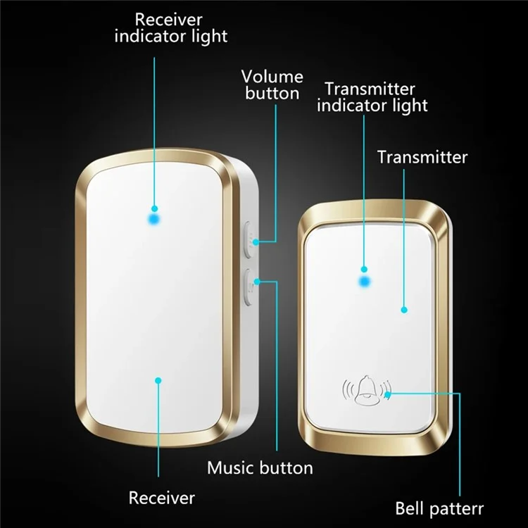CACAZI FA29PRO Sonnette sans fil 5 niveaux de volume Kit de sonnette de porte avec 1 émetteur + 2 récepteurs - Or / Prise US