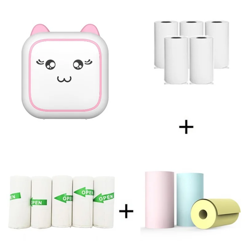 M5 Pocket-Size Sticker Printer Bluetooth-compatible Thermal Printer with 5 Rolls Paper + 5 Rolls Sticker + 3 Rolls Color Paper - Pink