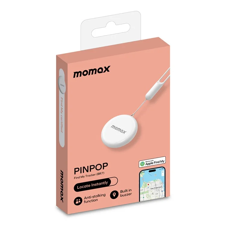 MOMAX BR7 PINPOP Tracker senza fili portatile Anti-Lost Device IP66 Impermeabile Localizzatore di articoli con cordino (FindMy Certificato) - Bianco