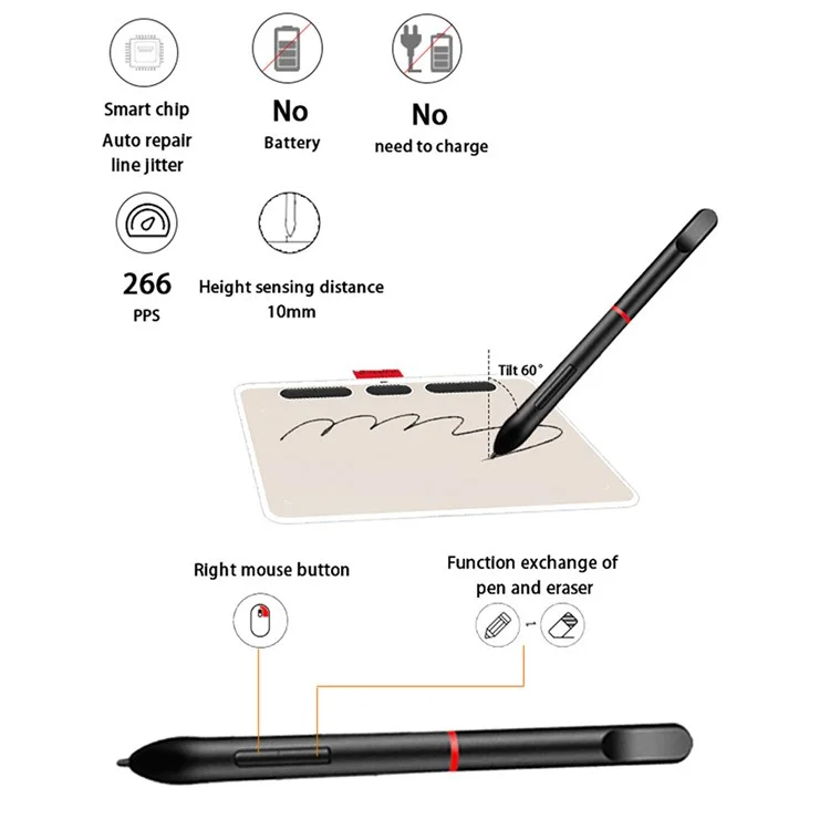 ACEPEN AP604B Plastic Case Ultra Thin Digital Graphic Board Drawing Tablet + 8192 Levels Pressure Battery-free Passive Stylus - Black