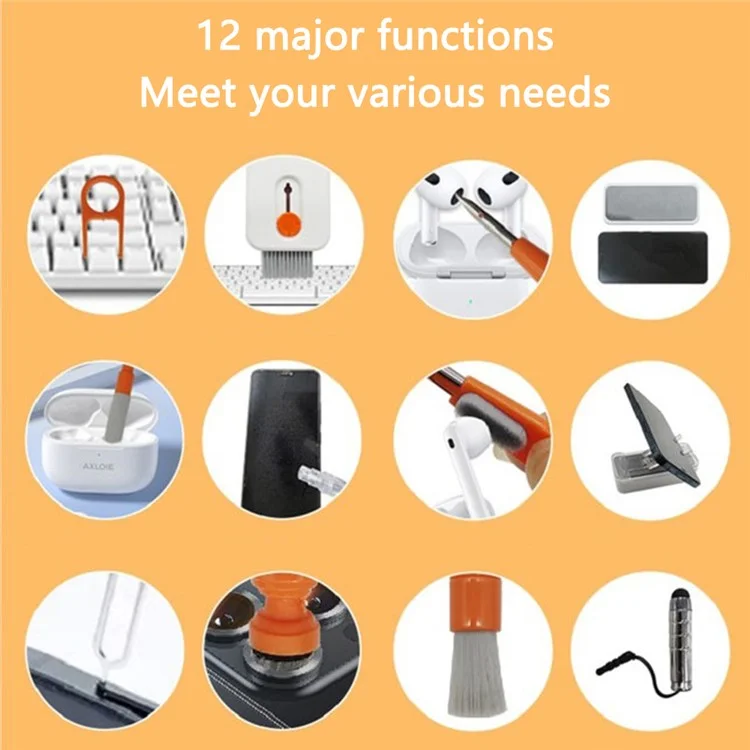 12-in-1 Keyboard Cleaning Kit for Laptops Computer Camera Lens Phone Screen Cleaner Brush Set - White+Orange