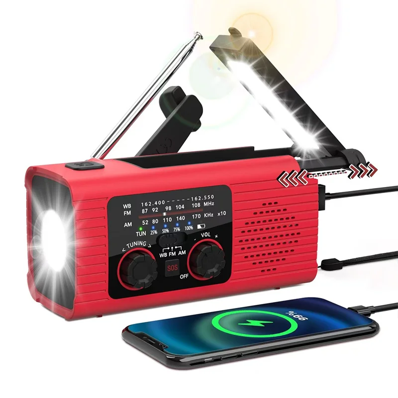 YX318 AM/FM/NOAA Weather Radio Portable 2000mAh Solar Hand Crank Power Bank with Flashlight - Red