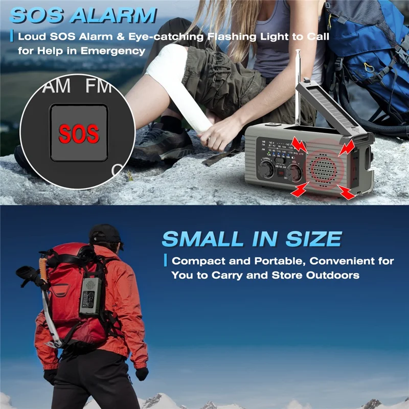 YX318 AM/FM/NOAA Weather Radio Portable 2000mAh Solar Hand Crank Power Bank with Flashlight - Red