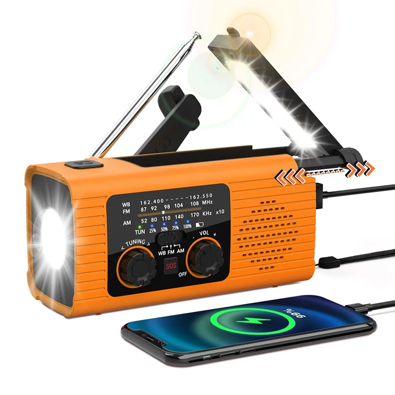 YX318 AM/FM/NOAA Weather Radio Portable 2000mAh Solar Hand Crank Power Bank with Flashlight - Orange
