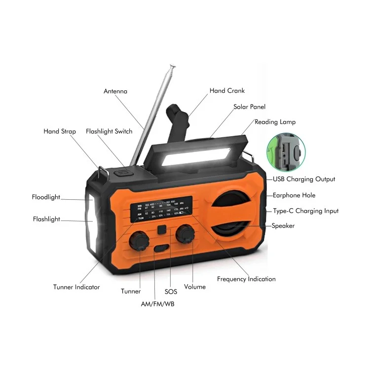 YX328 Torcia LED Solare Manuale di Emergenza 4000mAh Power Bank Radio FM Campeggio Strumento di Sopravvivenza - Arancione