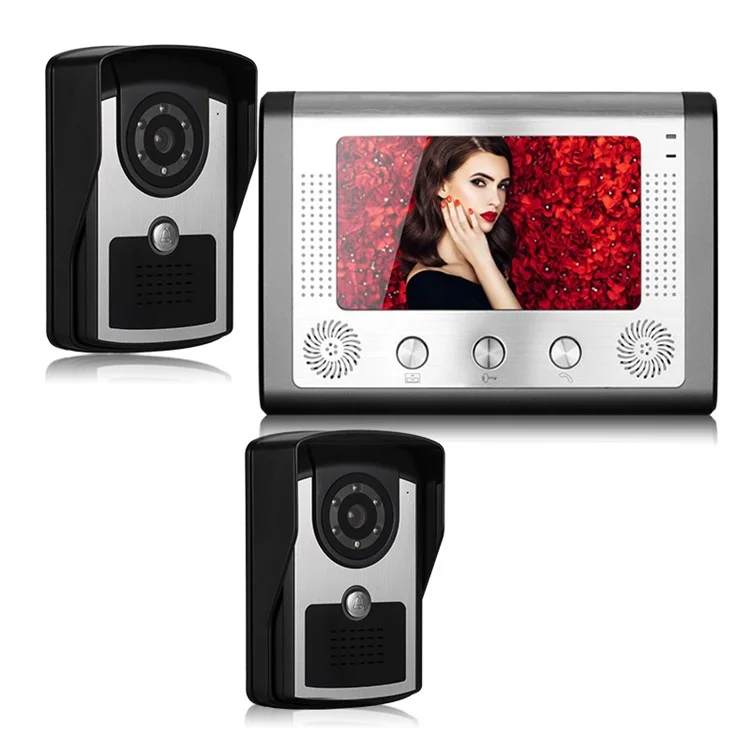 801FC21 1Pc 7-inch Monitor + 2Pcs HD Waterproof Camera Intercom Visual Doorbell, EU Plug