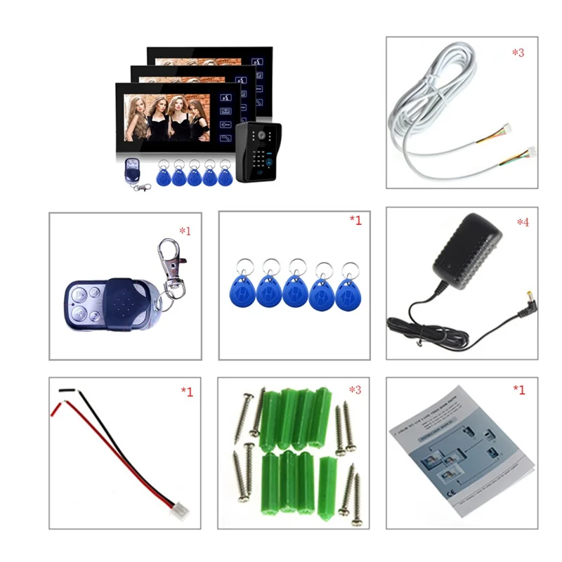 806MJIDS13 1 Camera+3 Monitor EU Plug 7" Video Door Phone Doorbell Intercom