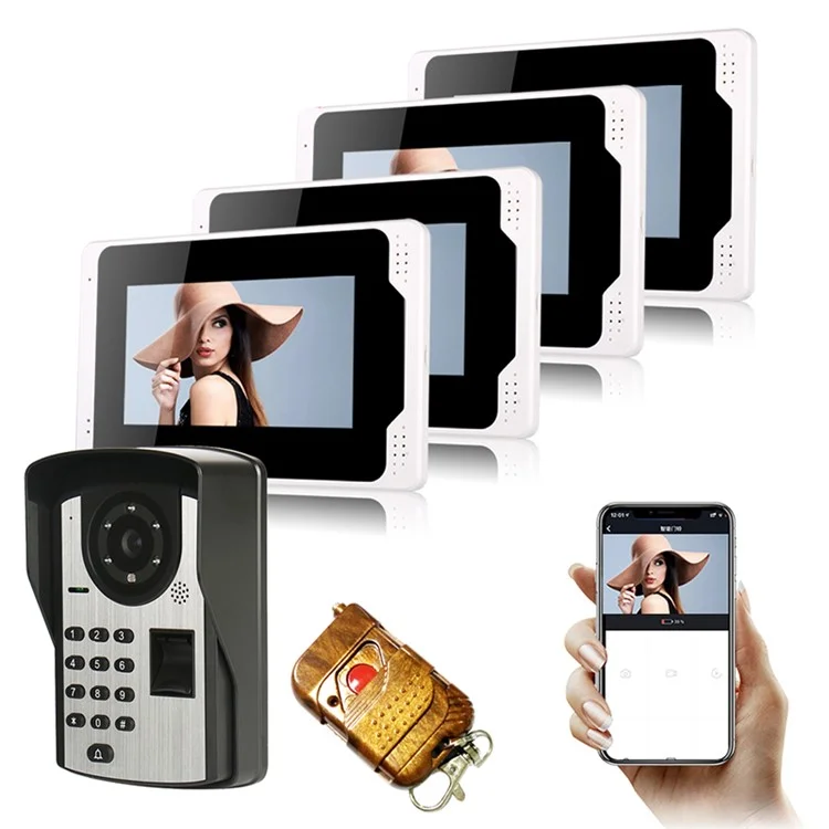 701FD14 4 Indoor Monitors + 1 Password Intercom Doorbell 1080P Camera, EU Plug