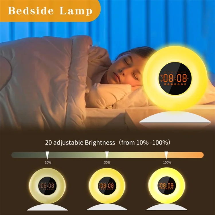 Réveil-matin lumineux avec affichage de l'heure de lever et de coucher du soleil, veilleuse avec radio FM - Prise US