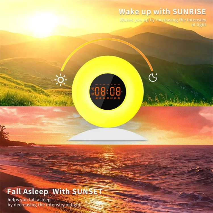 Réveil-matin lumineux avec affichage de l'heure de lever et de coucher du soleil, veilleuse avec radio FM - Prise US