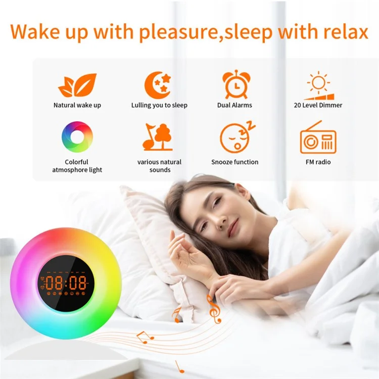 Réveil-matin lumineux avec affichage de l'heure de lever et de coucher du soleil, veilleuse avec radio FM - Prise US