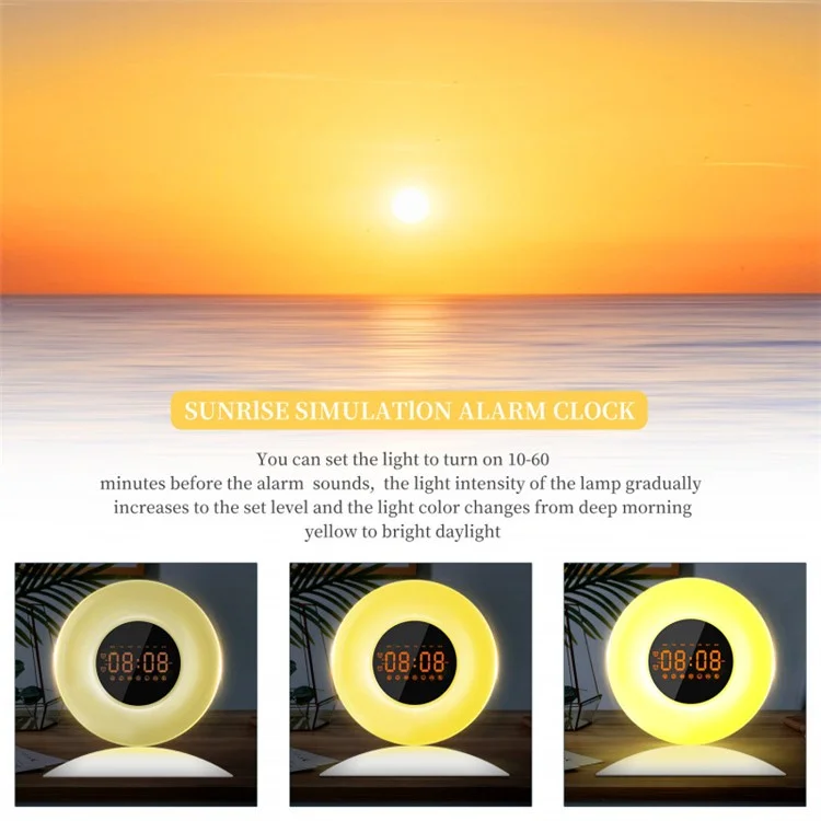 Réveil-matin lumineux avec affichage de l'heure de lever et de coucher du soleil, veilleuse avec radio FM - Prise US