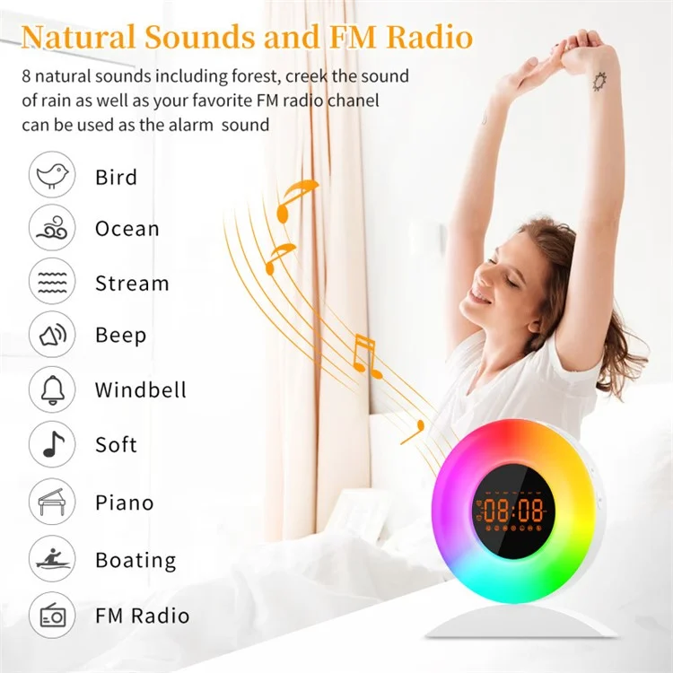 Réveil-matin lumineux avec affichage de l'heure de lever et de coucher du soleil, veilleuse avec radio FM - Prise US