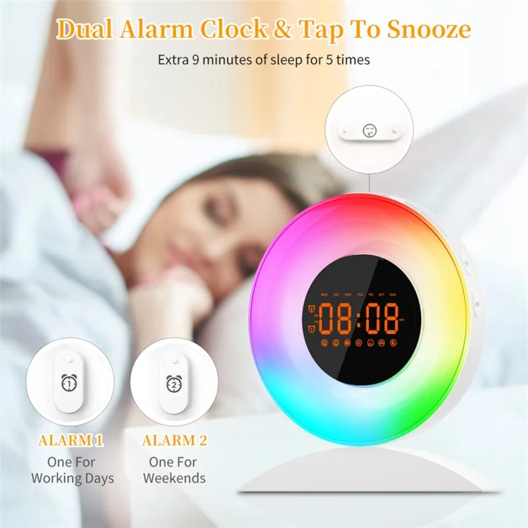 Réveil-matin lumineux avec affichage de l'heure de lever et de coucher du soleil, veilleuse avec radio FM - Prise US