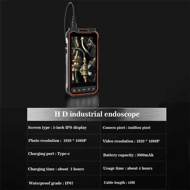 MS20 Endoscopio a 3 lenti con luce LED, display da 5 pollici e cavo da 10 m 