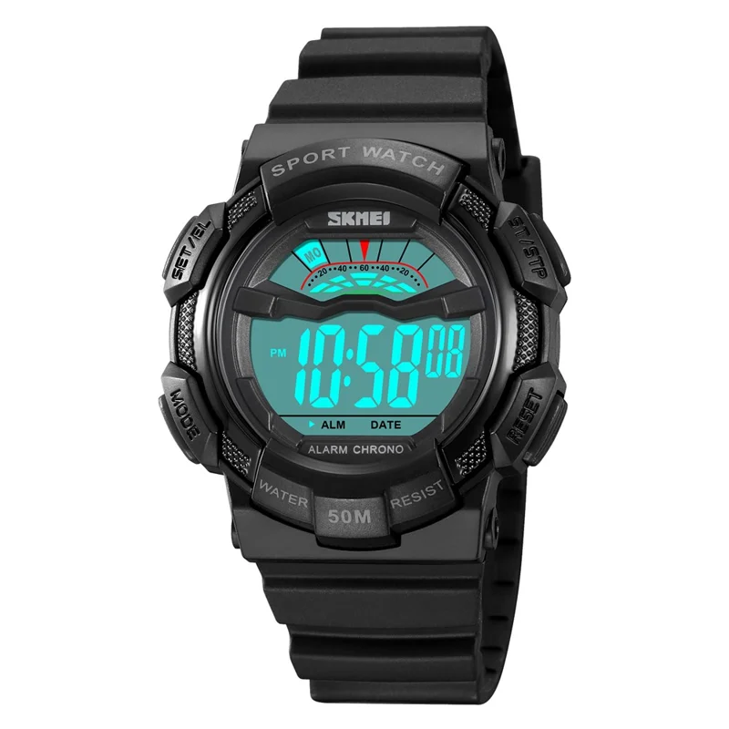 SKMEI 2153 50m Waterproof Wrist Watch TPU Strap EL Backlight Electronic Watch - Black / White Dial