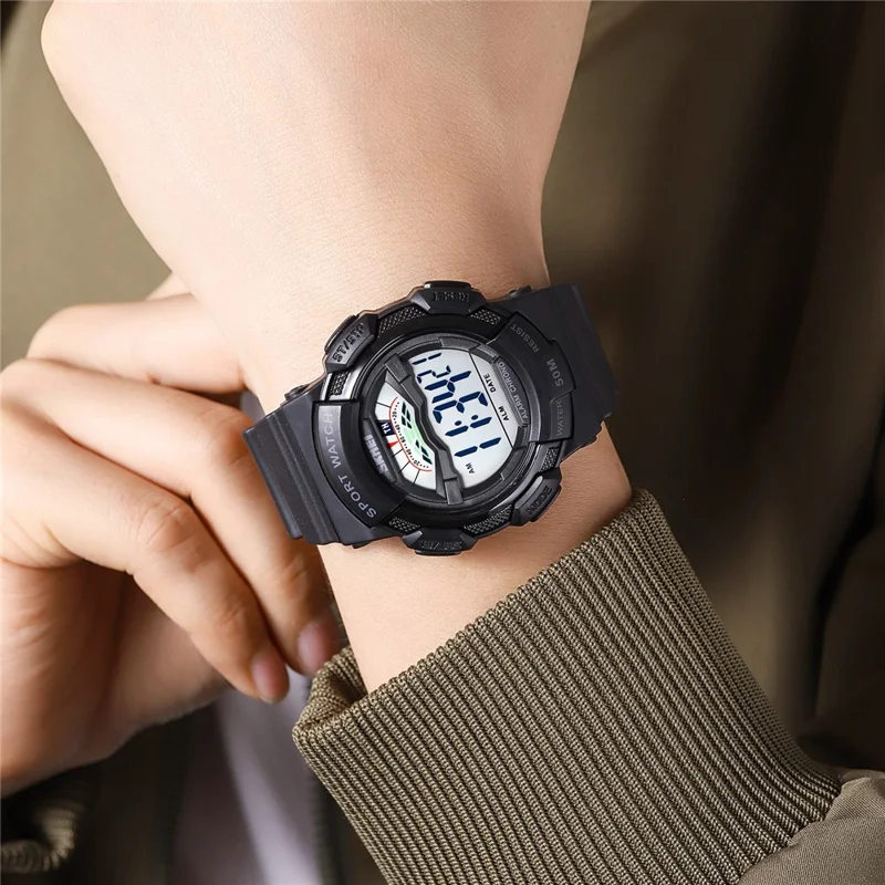 SKMEI 2153 50m Waterproof Wrist Watch TPU Strap EL Backlight Electronic Watch - Black / White Dial