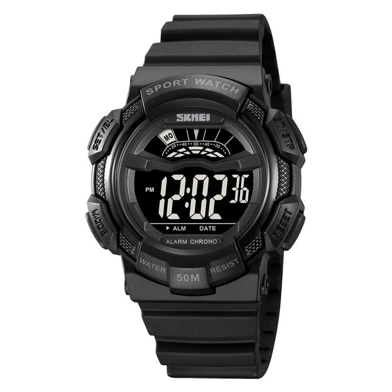 SKMEI 2153 50m Waterproof Wrist Watch TPU Strap EL Backlight Electronic Watch - Black / Black Dial