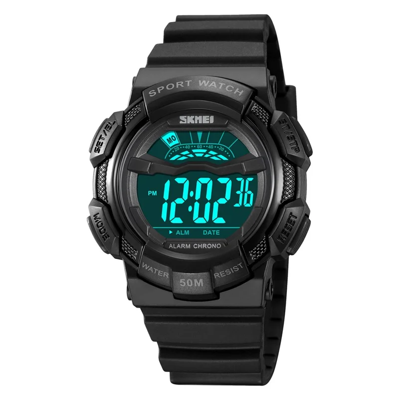 SKMEI 2153 50m Waterproof Wrist Watch TPU Strap EL Backlight Electronic Watch - Black / Black Dial