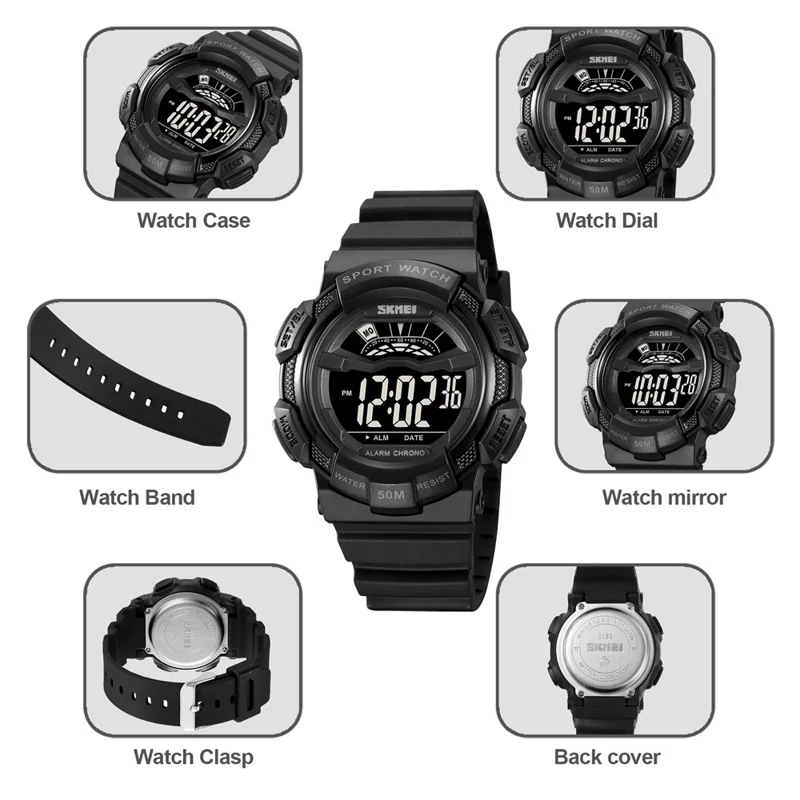 SKMEI 2153 50m Waterproof Wrist Watch TPU Strap EL Backlight Electronic Watch - Black / Black Dial