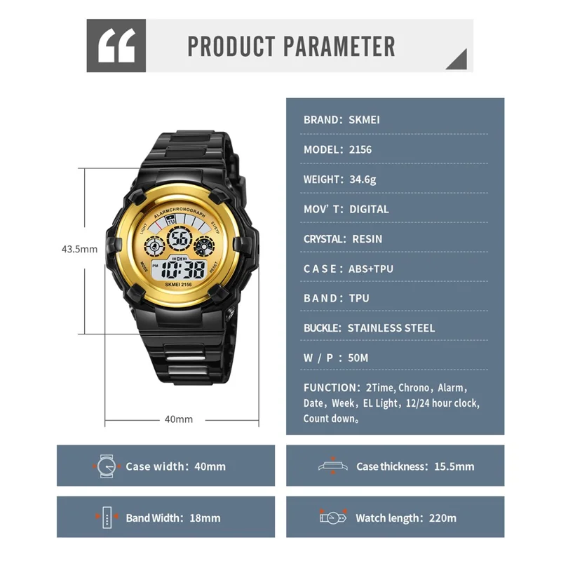 SKMEI 2156 Students Electronic Watch 12  /  24H Multifunction Wristwatch - Black  /  Silver