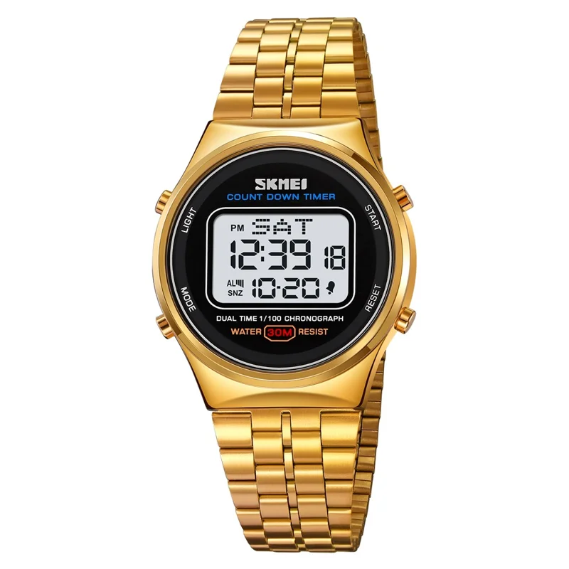 SKMEI 1882 Electronic Watch Stainless Steel Strap Multifunction Wristwatch - Gold / White Dial