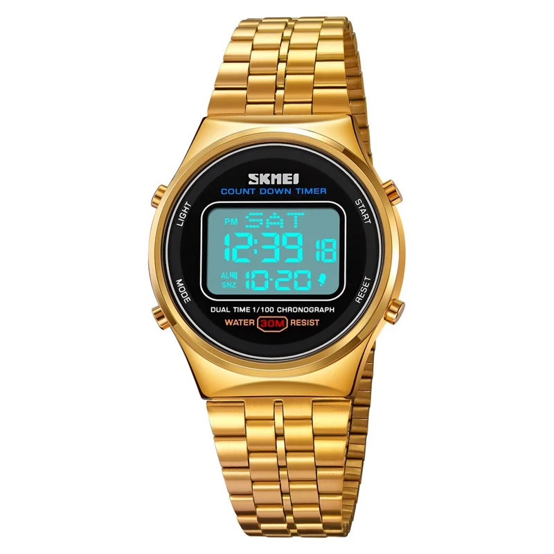 SKMEI 1882 Electronic Watch Stainless Steel Strap Multifunction Wristwatch - Gold / White Dial