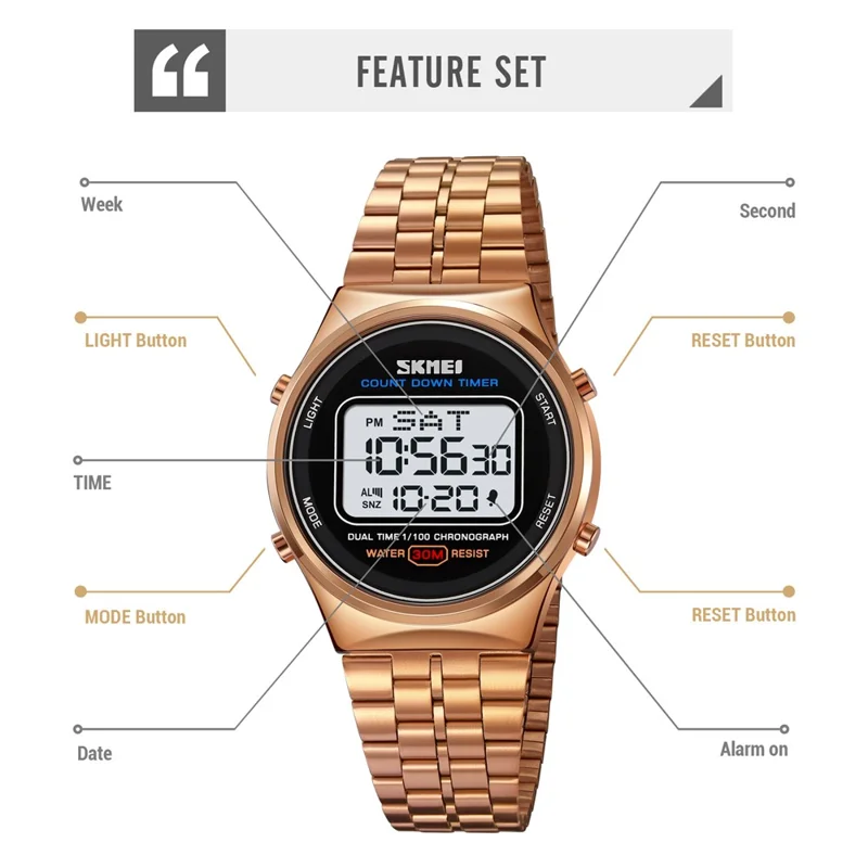 SKMEI 1882 Electronic Watch Stainless Steel Strap Multifunction Wristwatch - Gold / White Dial