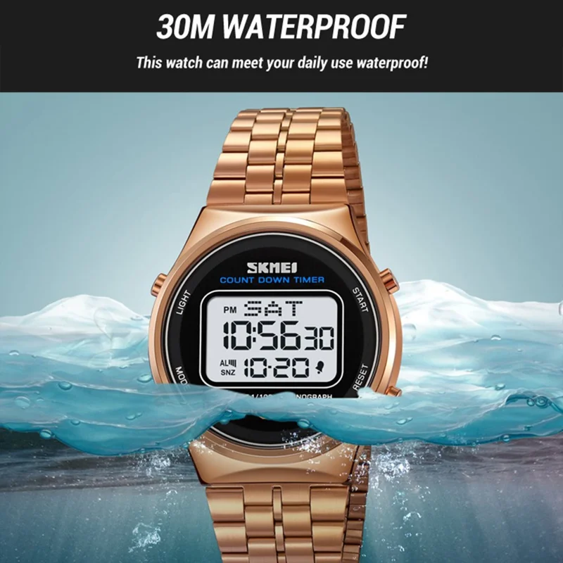 SKMEI 1882 Electronic Watch Stainless Steel Strap Multifunction Wristwatch - Gold / White Dial