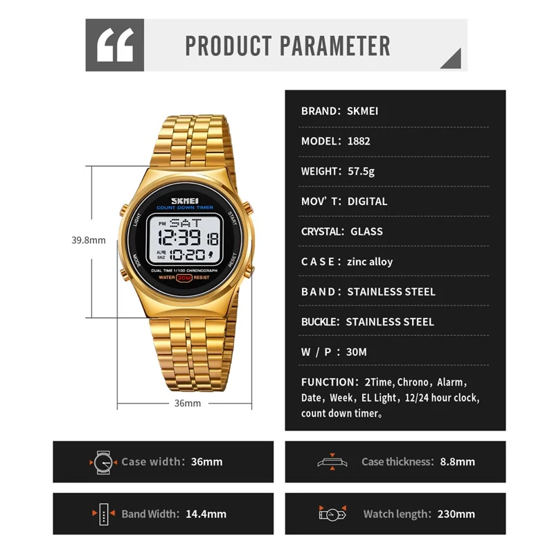 SKMEI 1882 Electronic Watch Stainless Steel Strap Multifunction Wristwatch - Gold / White Dial