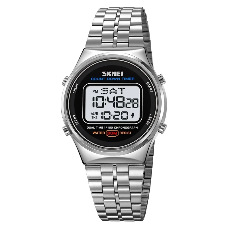 SKMEI 1882 Electronic Watch Stainless Steel Strap Multifunction Wristwatch - Silver / White Dial