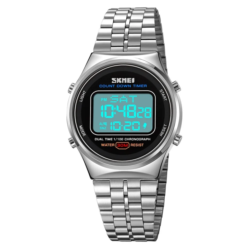 SKMEI 1882 Electronic Watch Stainless Steel Strap Multifunction Wristwatch - Silver / White Dial