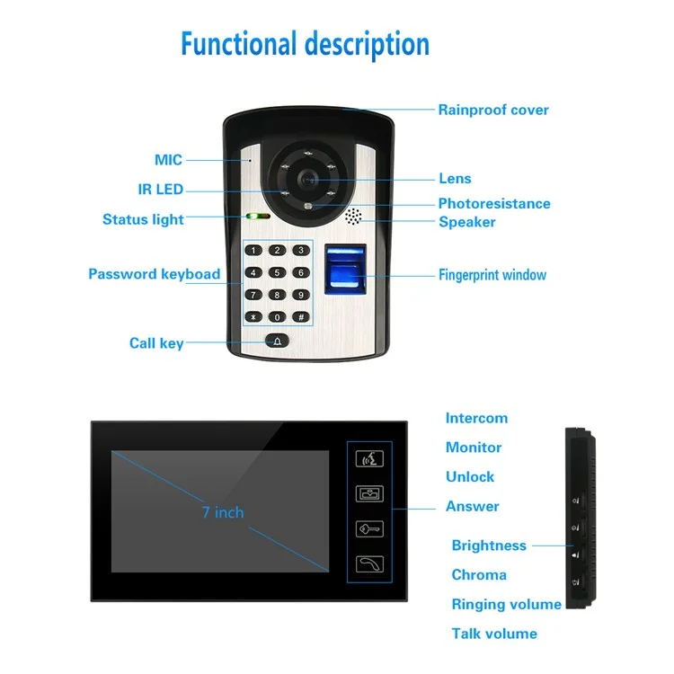 806FD11 Moniteur 7" HD Caméra de Vidéosurveillance avec Contrôle à Distance, Mot de Passe, Empreinte Digitale, Prise UE