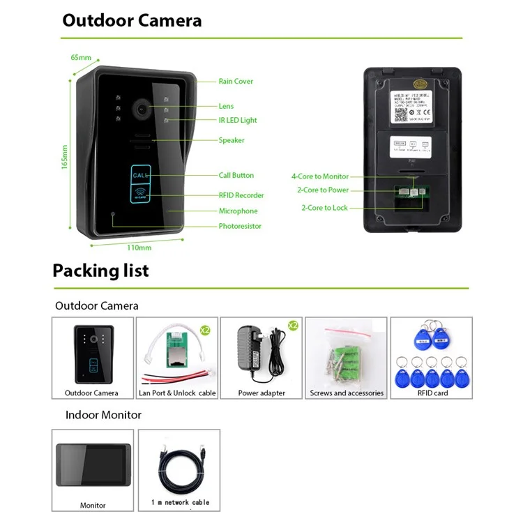 702MJID11 7-inch Monitor Tuya App WiFi Doorbell RFID Card Unlock 1080P Visual Doorbell, US Plug